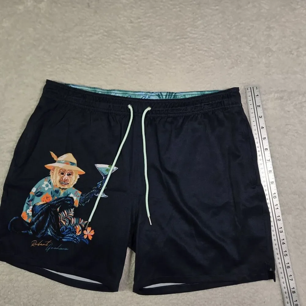 Robert Graham Swim Trunks Mens XL Monkey Martini Blue Lined Shorts 5